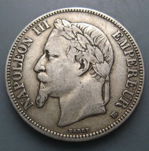 1869年法国拿破仑5法郎老银币 bb版 24.9克 含银90% 直径37mm