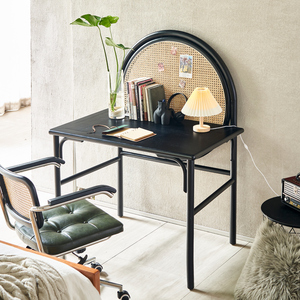 000人付款淘宝北欧实木书桌ins简约日式藤编一字板办公写字台带抽屉