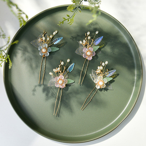 汉服头饰u型发簪简约日常琉璃小花钿簪子点缀盘发u形古风儿童发饰