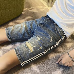 夏季破洞牛仔短裤男士修身直筒四分裤子社会精神小伙五分裤大裤衩