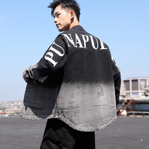 牛仔夹克原宿风潮流男装春秋季衬衫衣修身港风炸街休闲渐变色外套