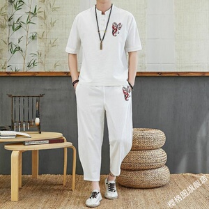 中国风汉服男棉麻七分袖睡衣夏宽松亚麻布7分裤中式家居服套装潮