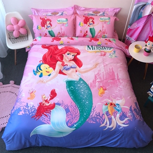 迪士尼全棉卡通四件套女孩美人鱼公主儿童纯棉床上用品三件套被套