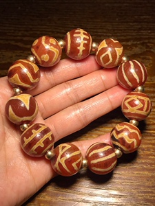 久赏文玩红肉包浆大孔满风化20mm西亚镶蚀多宝多图腾天珠手串手链