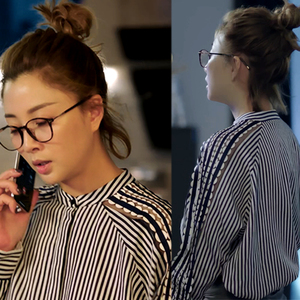 000人付款淘宝殷桃林睿同款衣服黑白条纹拼接衬衫韩版