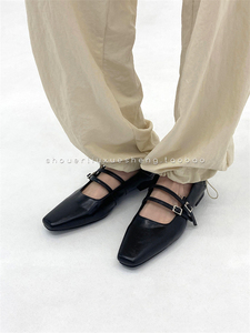 韩国东大门黑色方头扣带粗跟单鞋女罗马风浅口玛丽珍鞋踩脚两穿潮