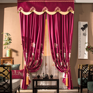 新中式古典绣花窗帘布定制g823红色高精密轻奢客厅卧室遮光窗帘纱