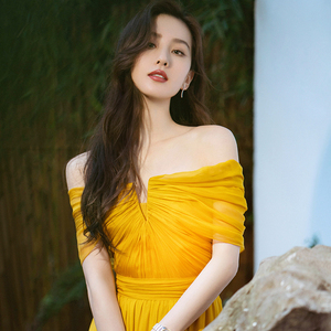 刘诗诗明星同款晚礼服柠檬黄色显瘦大合唱主持人演出服宴会连衣裙