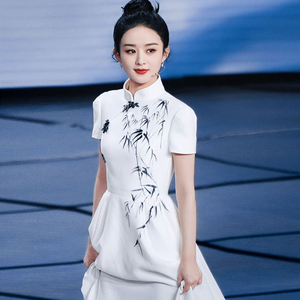 赵丽颖春晚同款旗袍新款中式白色长裙禅意国风主持人礼服女连衣裙