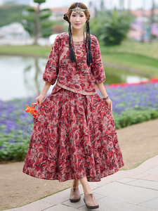 中国风连衣裙复古棉麻民族风女装套装夏季修身显瘦减龄两件套夏