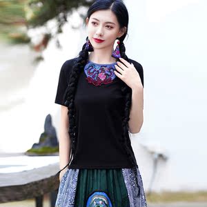 民族风女装云南绣花上衣夏季新款文艺小衫修身显瘦圆领短袖t恤女