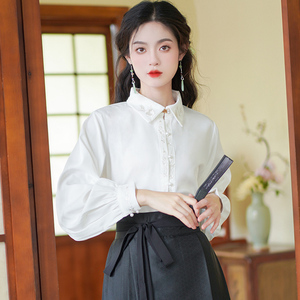 新中式翻领汉服衬衫女春气质刺绣国风上衣配马面裙的衬衣白色长袖