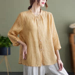 棉麻衬衫女2022夏季新款文艺复古宽松立领七分袖纯色衬衣亚麻上衣