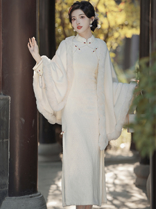冬季旗袍加绒加厚外搭披肩斗篷新中式民国风小洋装少女连衣裙套装