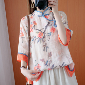 中国风中式女装复古盘扣汉服唐装改良版女夏季时尚棉麻旗袍式上衣