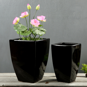 简约发财树大型盆栽大号四方陶瓷花盆散尾葵高筒盆套盆亮光纯黑色
