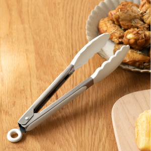 硅胶食品夹不锈钢防烫防滑食物料理夹沙拉夹子烘焙烧烤夹奶白色