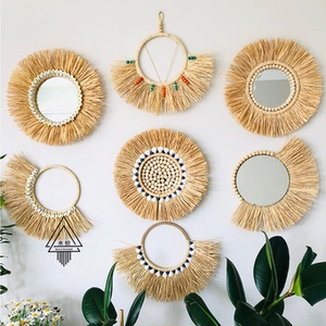 拉菲草编圆形装饰品镜子波西米亚民族风格墙面民宿会所立体壁挂饰