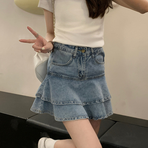 乌77甜辣女友高腰蛋糕半身裙女夏小个子显瘦遮胯防走光牛仔短裙夏