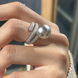 方糖家 轻奢高档满钻纯银真多麻色珍珠戒指小众设计多层时尚气质