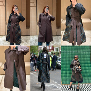 英国奥莱代购 Burberry 博柏利 女士秀款双面格纹拼接腰带风衣