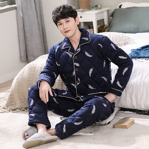 男式睡衣棉袄冬季加厚加棉保暖三层纯棉夹棉衣秋冬厚款男士棉套装