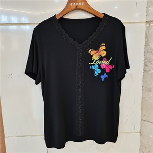 亨格舒25308大码女装妈妈装2021夏宽松中年v领镶钻印花针织t恤女