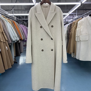 韩国23秋冬新款双面羊绒大衣女高端长款纯色西装领羊毛呢外套米色
