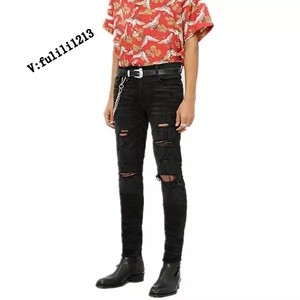 潮牌代购amiri时尚黑色高弹力做旧刀割破洞修身slp修身牛仔裤男款