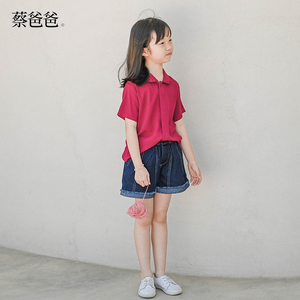 清仓蔡爸爸女童装 夏季冰爽红色衬衫 短袖上衣 中童衬衣929+867