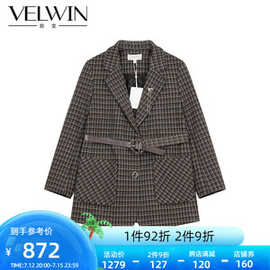 velwin蔚雯2021年冬季新款复古格子束腰加厚西装外套女kgww44yc09