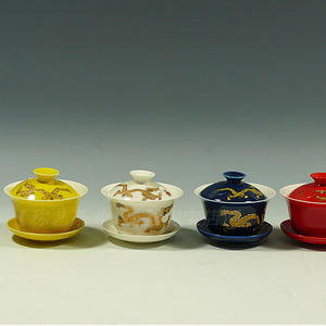 成艺金龙盖碗泡茶盖杯黄白蓝陶瓷红色权贵中国红茶具中国风泡茶杯