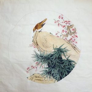 国画成品工笔画纯手绘真迹花鸟画竹叶圆形扇面画芯未裱无款 1134