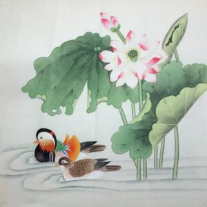 国画成品工笔画荷花鸳鸯四尺斗方花鸟画纯手绘真迹真品无款1458