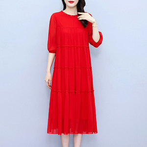 红色直筒连衣裙女士夏季新款妈妈大码孕妇装宽松遮肉大摆雪纺裙子