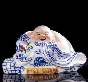 景德镇陶瓷器哈哈笑佛罗汉祝福家居装饰柜镇宅引财摆件礼品瓷.