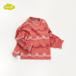 moimoln小云朵童装春秋新品女童t恤长袖撞色圆领上衣可爱打底衫