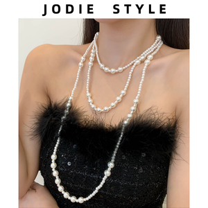 韩国春夏新款珍珠法式优雅长项链毛衣链女晚宴气质多层叠链颈链