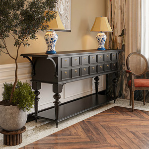 法式复古玄关柜一体隔断客厅入户玄关桌黑色进门走廊靠墙边柜定制