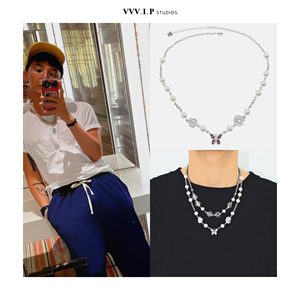 gd同款蝴蝶珍珠项链 权志龙 孙阳 钛钢嘻哈 ins潮流 吊坠 颈链
