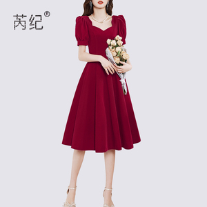 芮纪法式复古红色连衣裙女2024夏季新款气质泡泡袖赫本风小红裙子