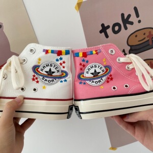 小黄桃 日系星球刺绣高帮粉色帆布鞋韩版chic港味小白鞋女夏