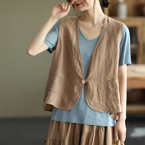 棉麻马甲女2021年秋季新款复古文艺宽松显瘦休闲外搭无袖马夹上衣