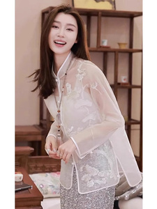 新中式国风欧根纱白色衬衫女夏季薄款透明冰丝防晒衣开衫外套上衣
