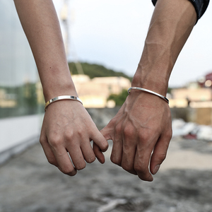 999足银手镯男士时尚简约开口刻字手环光面男女一对情侣银镯子潮