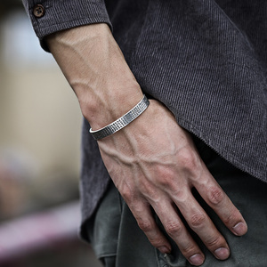 999纯银心经开口手镯男士复古六字真言刻字手环男镯子情人节礼物