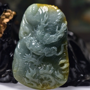 天然翡翠a货玉石龙牌吊坠霸气黄翡玉雕龙玉佩双彩玉器龙玉石带证