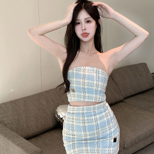蓝色编织时尚小香风性感纯欲风短款露腰抹胸高腰修身短裙两件套女