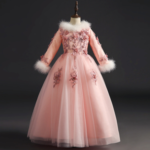 粉色女童礼服公主裙花童婚纱加绒蓬蓬纱儿童女孩主持人钢琴演出服