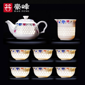 甄选镂空玲珑陶瓷中式功夫茶具青花瓷茶壶茶杯套装中式家用简约